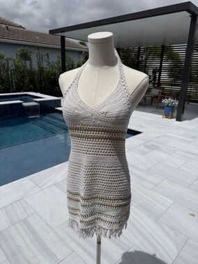 Surf Gypsy Crochet Cover-Up in Cream with Gold Detail S M Large s5